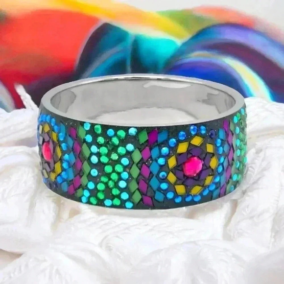 Y2K Artisan Handmade One-of-a-Kind Crystals & Rhinestones Mosaic Bangle Bracelet - Picture 8 of 13